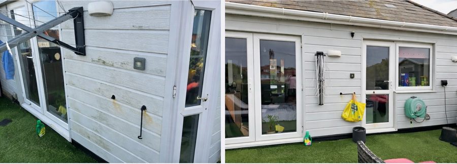 White PVC cladding on a garden room, green with algae on the left and clean on the right.